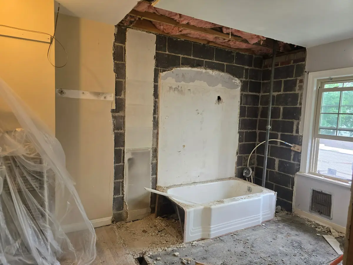 Bathroom mid-demolition: the shower walls stripped to the studs and cement board